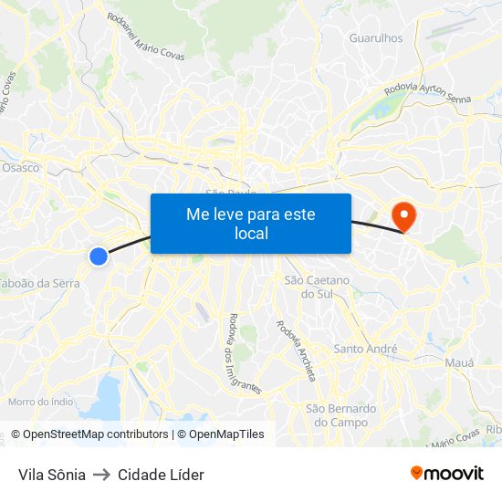 Vila Sônia to Cidade Líder map