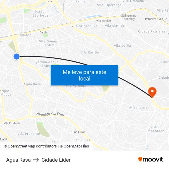 Água Rasa to Cidade Líder map