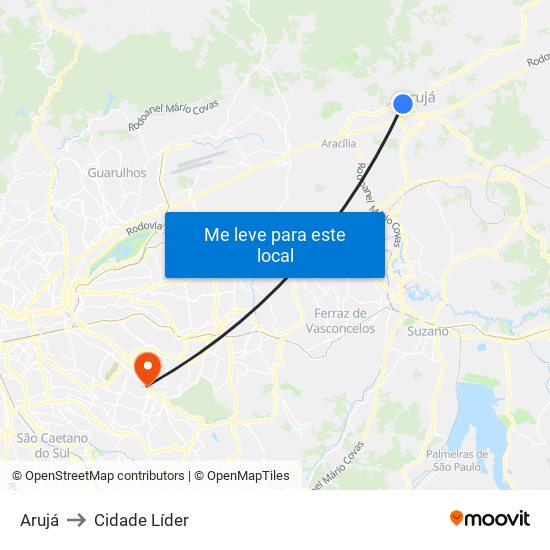 Arujá to Cidade Líder map