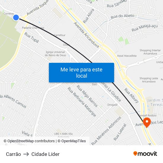 Carrão to Cidade Líder map