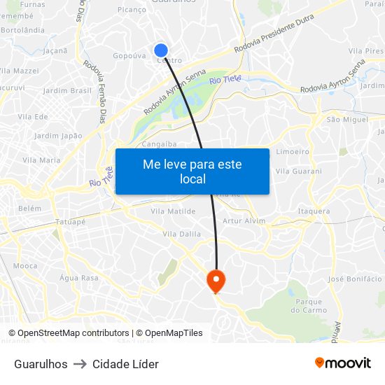 Guarulhos to Cidade Líder map