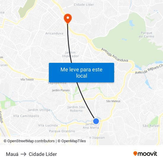 Mauá to Cidade Líder map