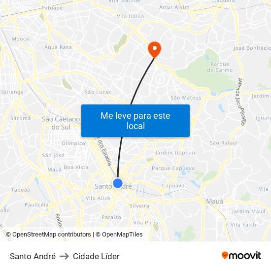 Santo André to Cidade Líder map