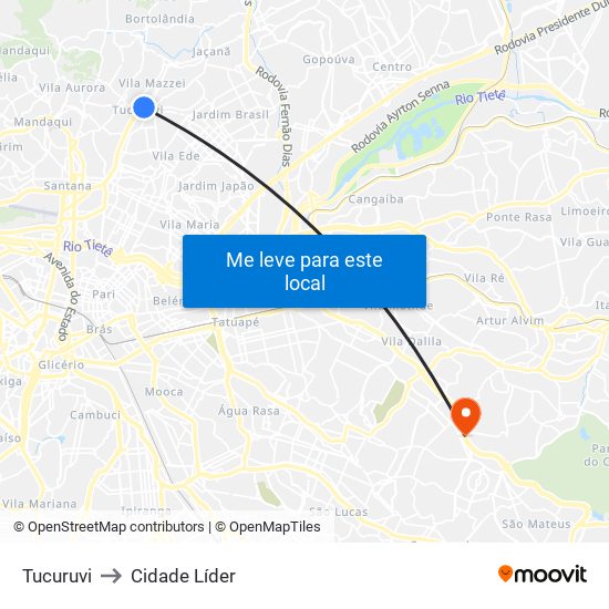 Tucuruvi to Cidade Líder map