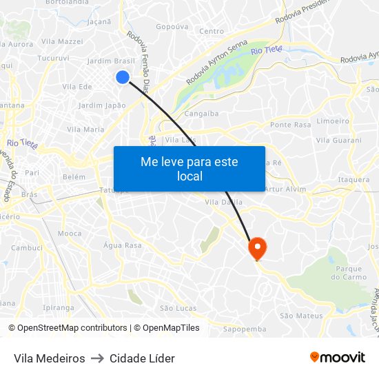 Vila Medeiros to Cidade Líder map