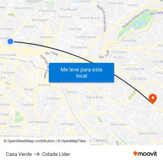 Casa Verde to Cidade Líder map