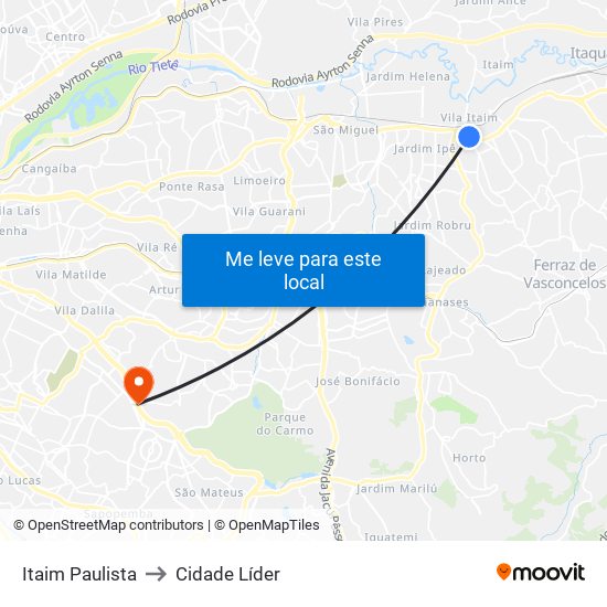 Itaim Paulista to Cidade Líder map