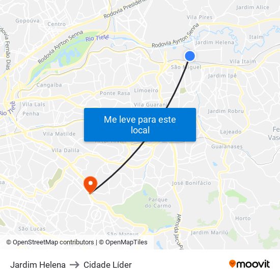 Jardim Helena to Cidade Líder map