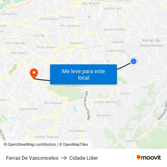 Ferraz De Vasconcelos to Cidade Líder map