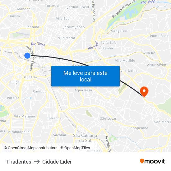 Tiradentes to Cidade Líder map