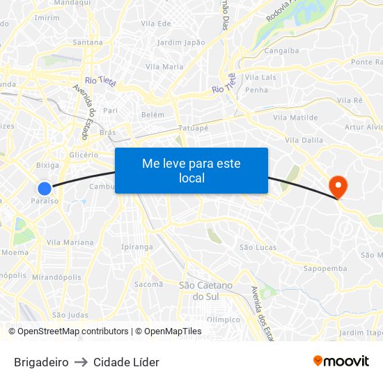 Brigadeiro to Cidade Líder map