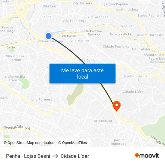 Penha - Lojas Besni to Cidade Líder map