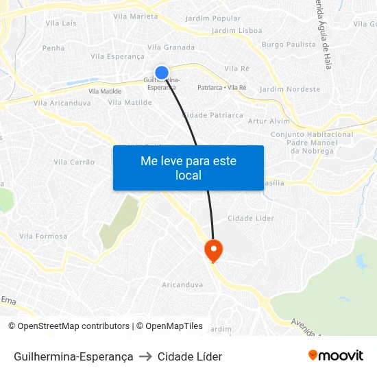 Guilhermina-Esperança to Cidade Líder map