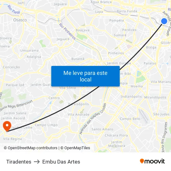 Tiradentes to Embu Das Artes map