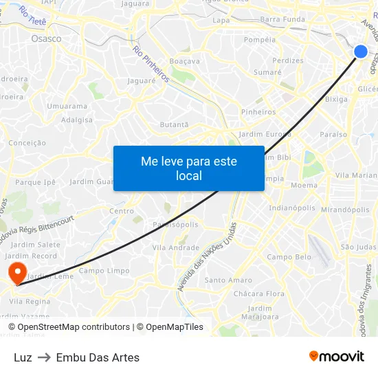 Luz to Embu Das Artes map