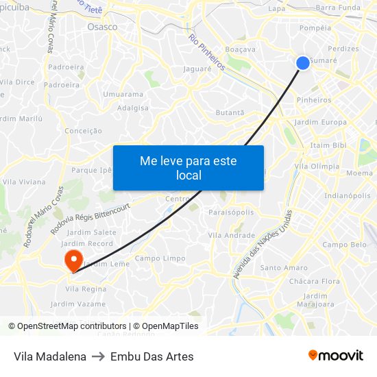 Vila Madalena to Embu Das Artes map
