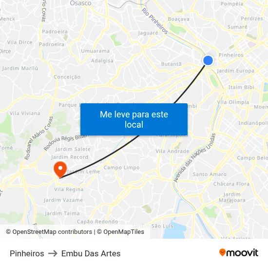 Pinheiros to Embu Das Artes map