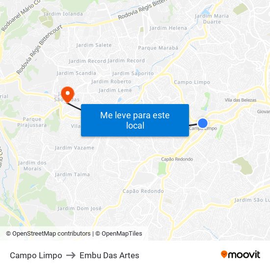 Campo Limpo to Embu Das Artes map