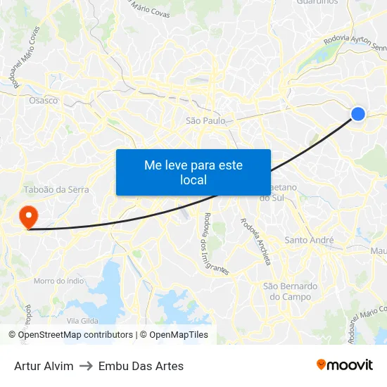 Artur Alvim to Embu Das Artes map