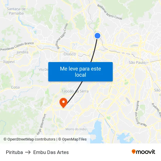 Pirituba to Embu Das Artes map