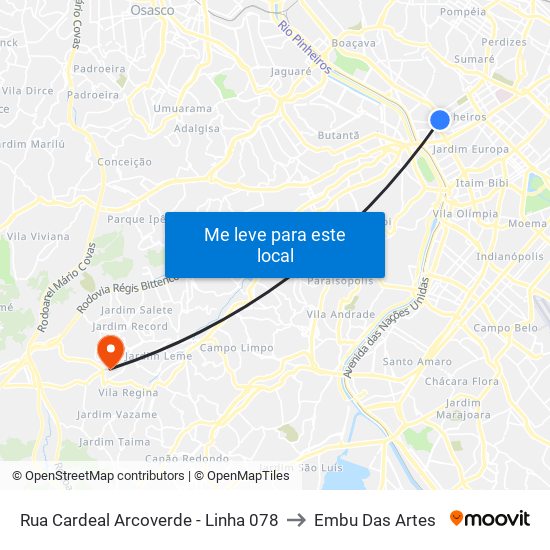 Rua Cardeal Arcoverde - Linha 078 to Embu Das Artes map