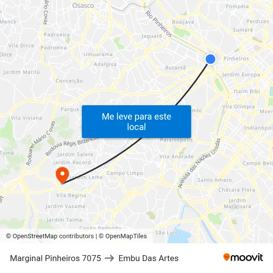 Marginal Pinheiros 7075 to Embu Das Artes map