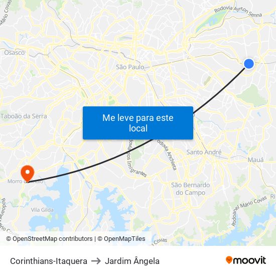 Corinthians-Itaquera to Jardim Ângela map