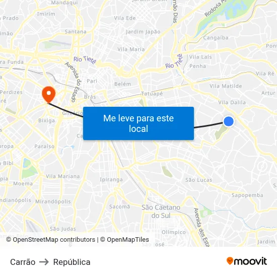 Carrão to República map