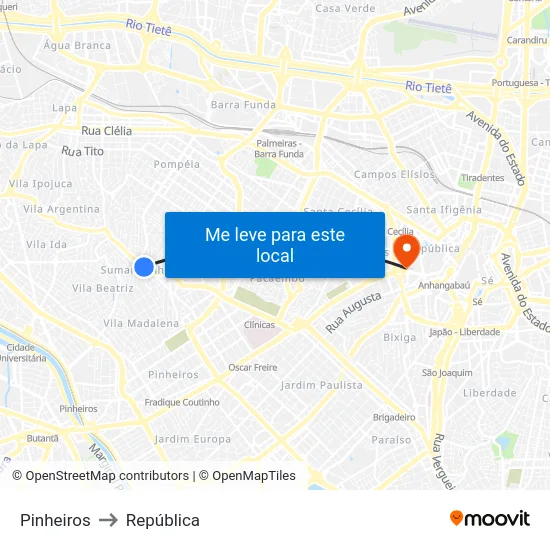 Pinheiros to República map