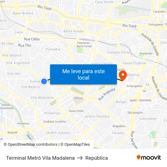 Terminal Metrô Vila Madalena to República map