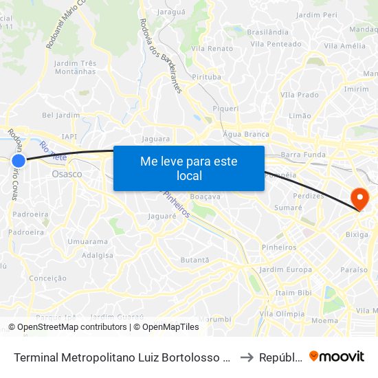 Terminal Metropolitano Luiz Bortolosso / Km 21 to República map