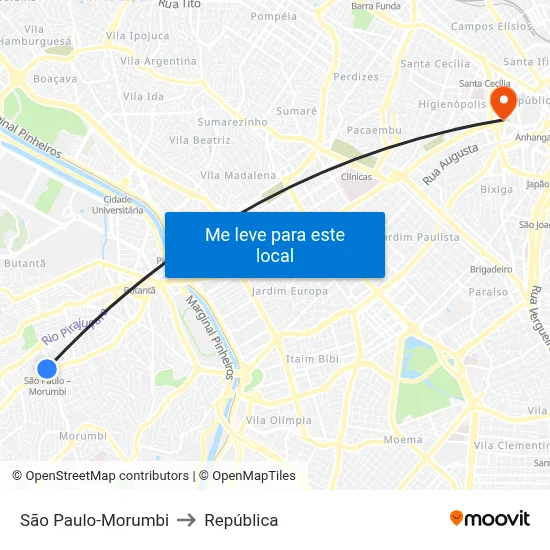São Paulo-Morumbi to República map