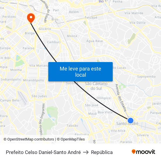 Prefeito Celso Daniel-Santo André to República map