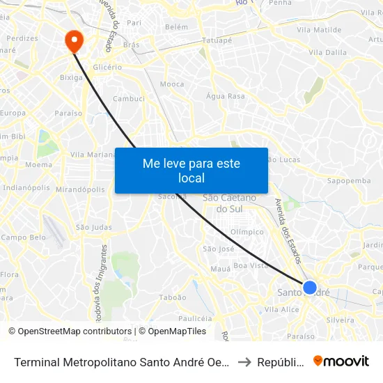 Terminal Metropolitano Santo André Oeste to República map