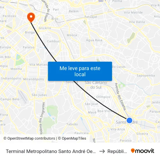 Terminal Metropolitano Santo André Oeste to República map