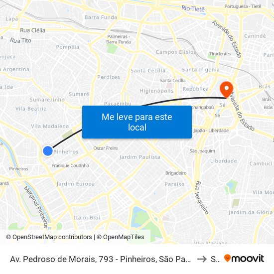 Av. Pedroso de Morais, 793 - Pinheiros, São Paulo to Sé map