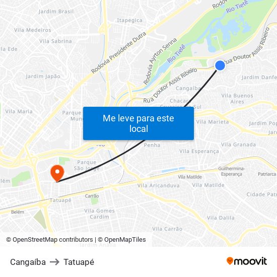 Cangaíba to Tatuapé map