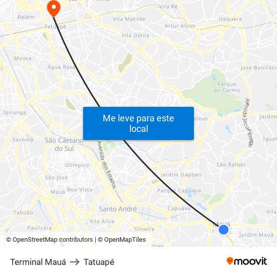 Terminal Mauá to Tatuapé map