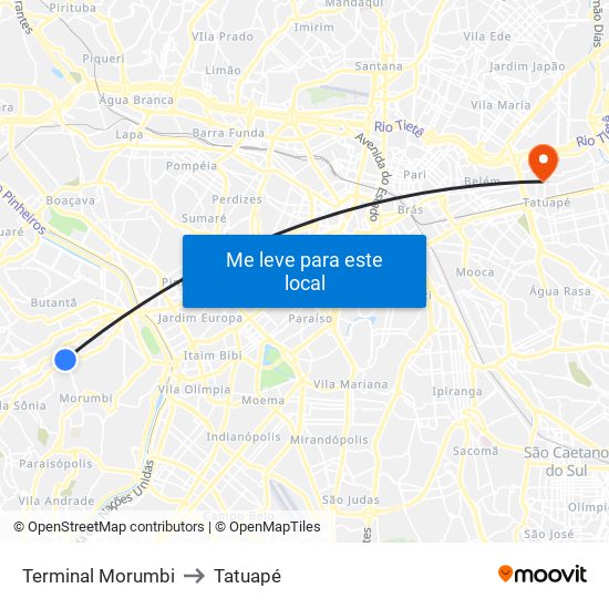 Terminal Morumbi to Tatuapé map