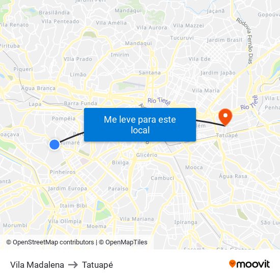 Vila Madalena to Tatuapé map