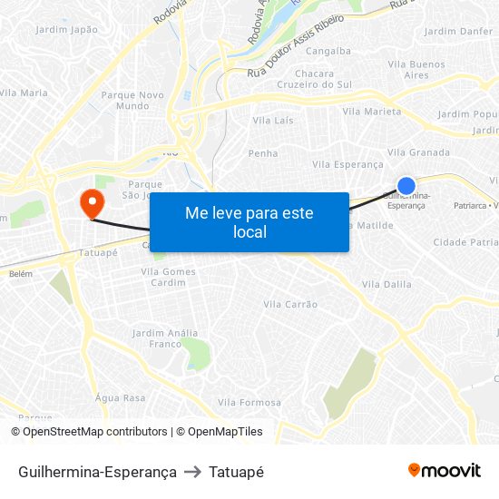 Guilhermina-Esperança to Tatuapé map
