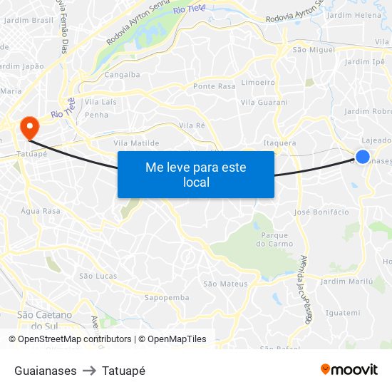Guaianases to Tatuapé map