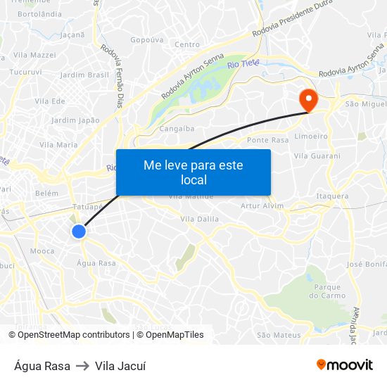 Água Rasa to Vila Jacuí map