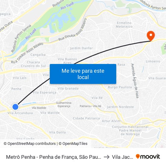 Metrô Penha - Penha de França, São Paulo to Vila Jacuí map