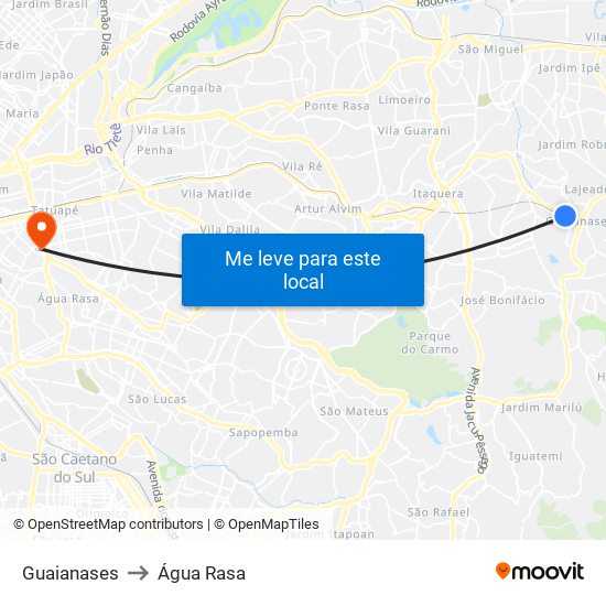 Guaianases to Água Rasa map