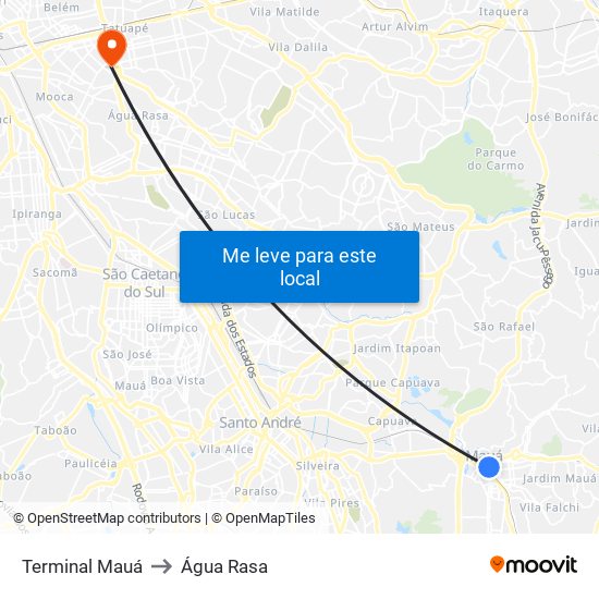 Terminal Mauá to Água Rasa map