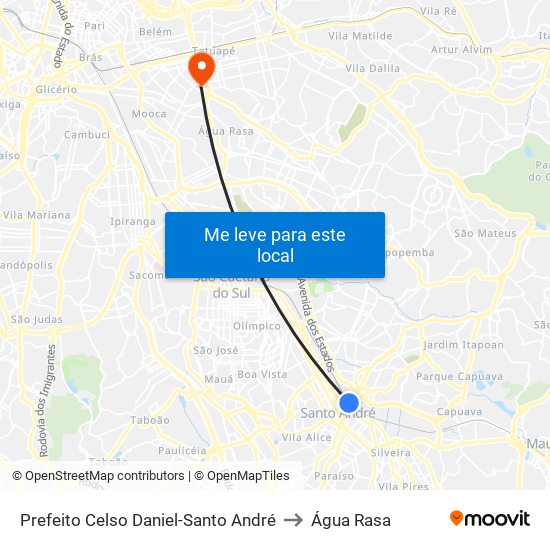 Prefeito Celso Daniel-Santo André to Água Rasa map