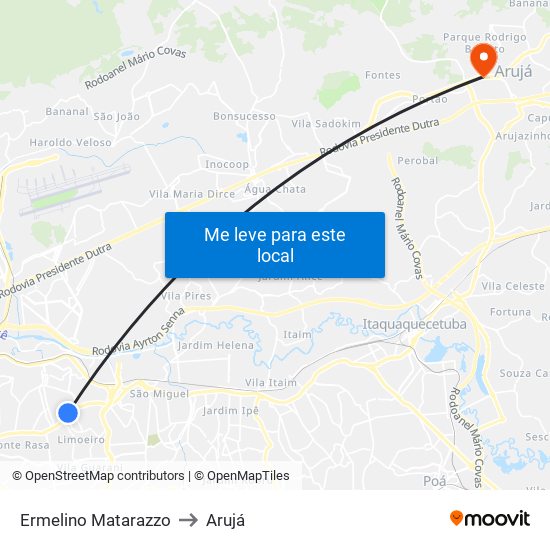 Ermelino Matarazzo to Arujá map