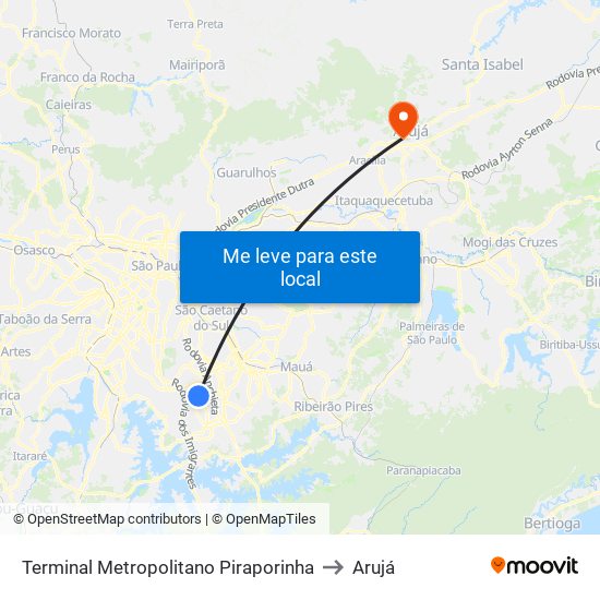 Terminal Metropolitano Piraporinha to Arujá map