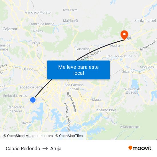Capão Redondo to Arujá map
